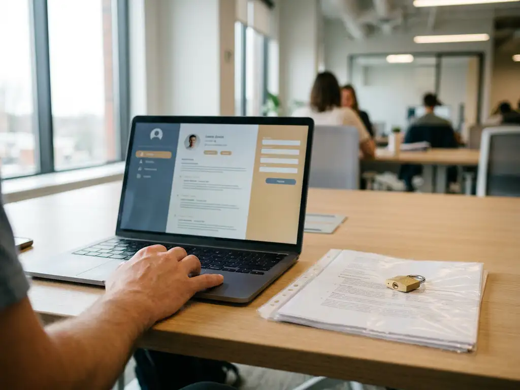Recruiter scrollt auf LinkedIn-Profil am Laptop, daneben Bewerbungsmappe mit Schloss, modernes Büro im Tageslicht.