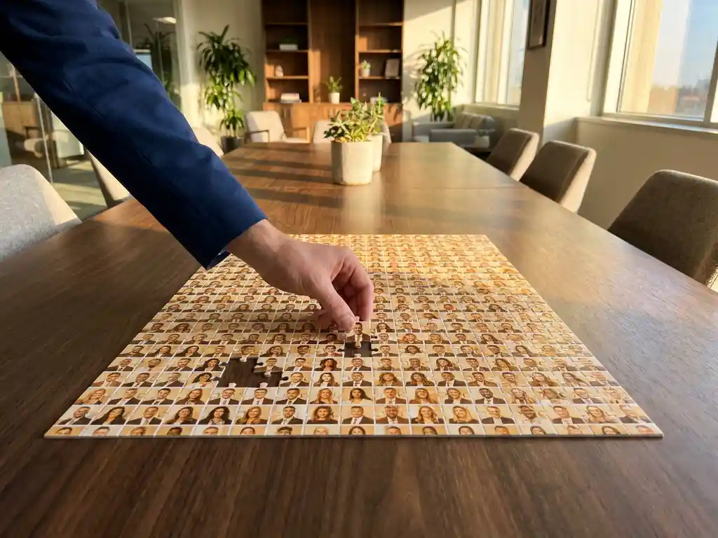 Recruiter fügt ein Puzzleteil in ein Mosaik aus Bewerbungsporträts auf einem Konferenztisch ein, goldenes Nachmittagslicht.