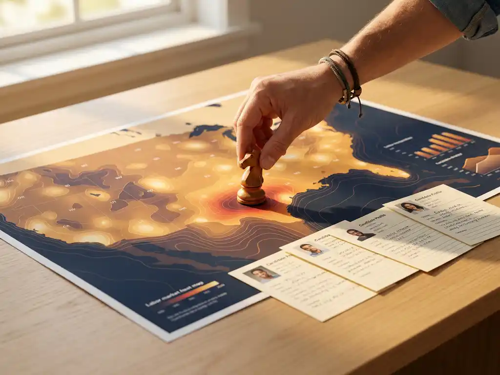 Recruiter platziert eine Schachfigur auf einer Arbeitsmarkt-Heatmap, Bewerberkarten auf Eichentisch im warmen Gegenlicht.