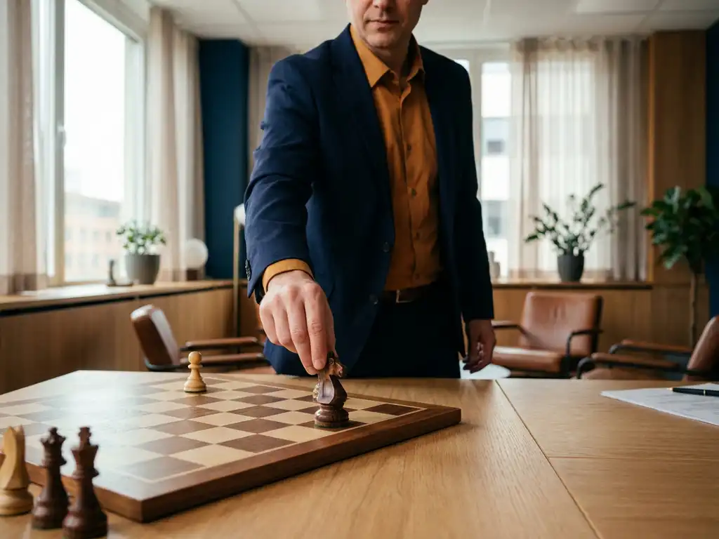 Recruiter am modernen Schreibtisch platziert gezielt eine Schachfigur, zweite Figur daneben symbolisiert strategische Talentauswahl.