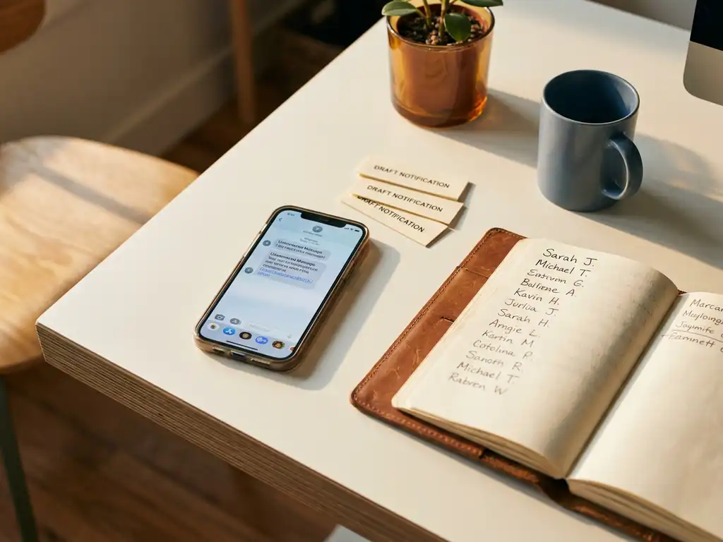 Recruiter-Schreibtisch mit Smartphone und unbeantwortetem Nachrichtenverlauf, offenem Leder-Notizbuch mit Kandidatennamen im warmen Nachmittagslicht.