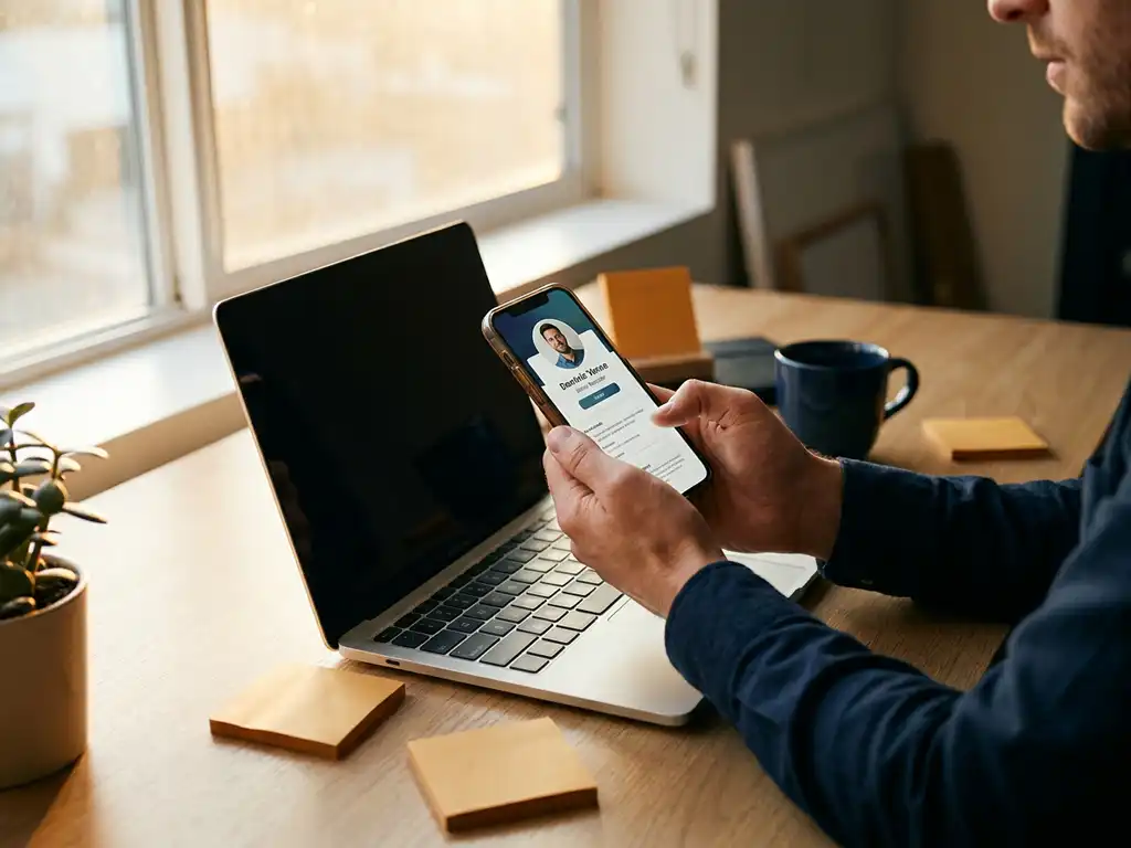 Recruiter hält Smartphone mit Bewerberprofil über aufgeklapptem Laptop, Haftnotizen und Kaffeetasse im warmen Gegenlicht.