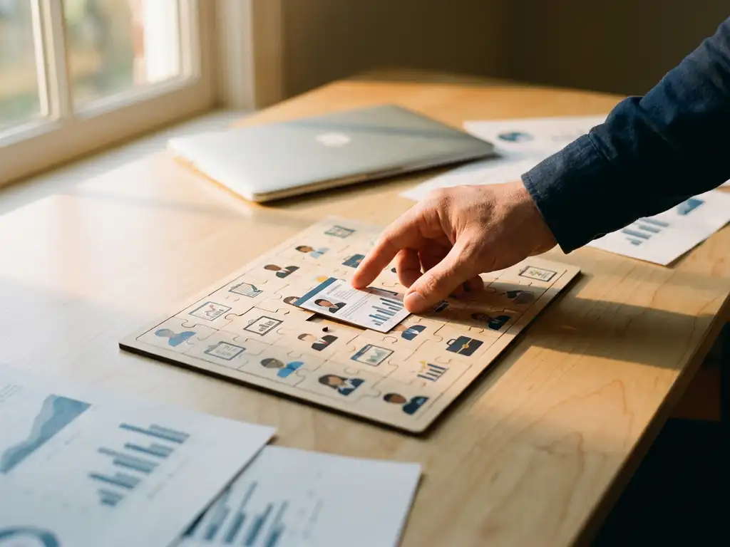 Recruiter fügt letztes Puzzleteil eines Kandidatenprofils in ein Mosaik auf einem Birkenholzschreibtisch ein, Laptop und Datenausdrucke im Hintergrund.