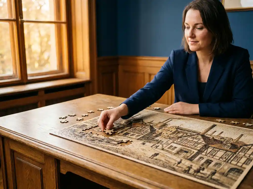 Personalvermittler fügt Puzzleteil in fast vollständige Karte einer deutschen Industriestadt auf einem Holzschreibtisch ein.