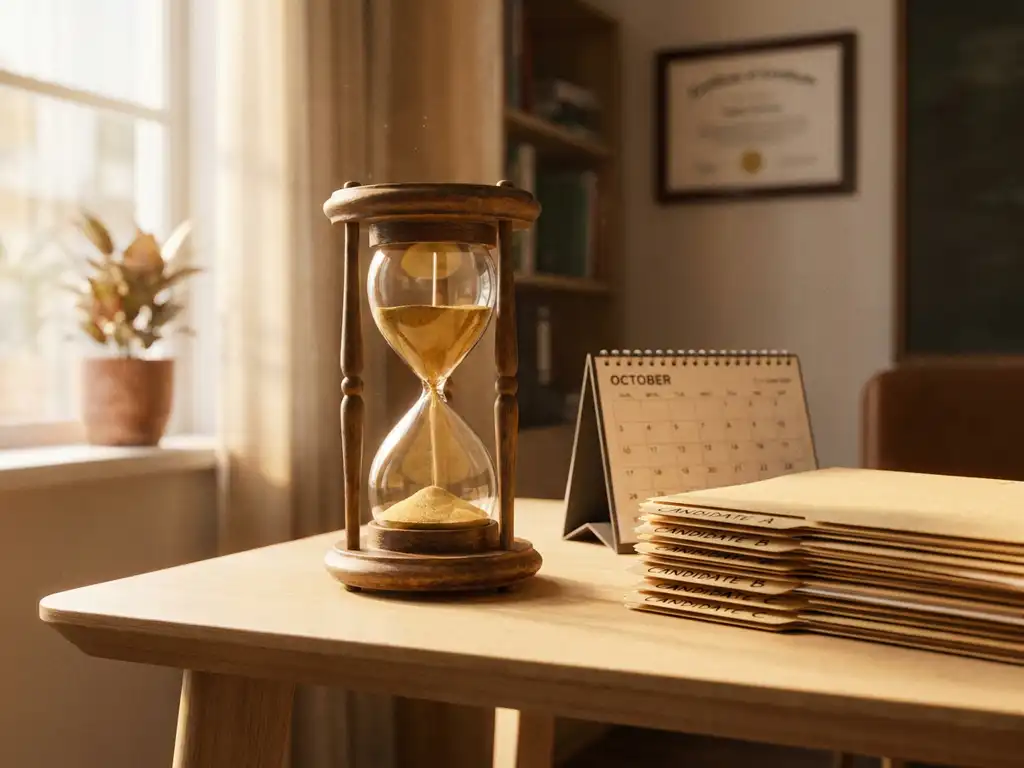 Vintage-Sanduhr mit goldenem Sand auf modernem Schreibtisch neben Bewerbermappen und Kalender in hellem Recruitingbüro.