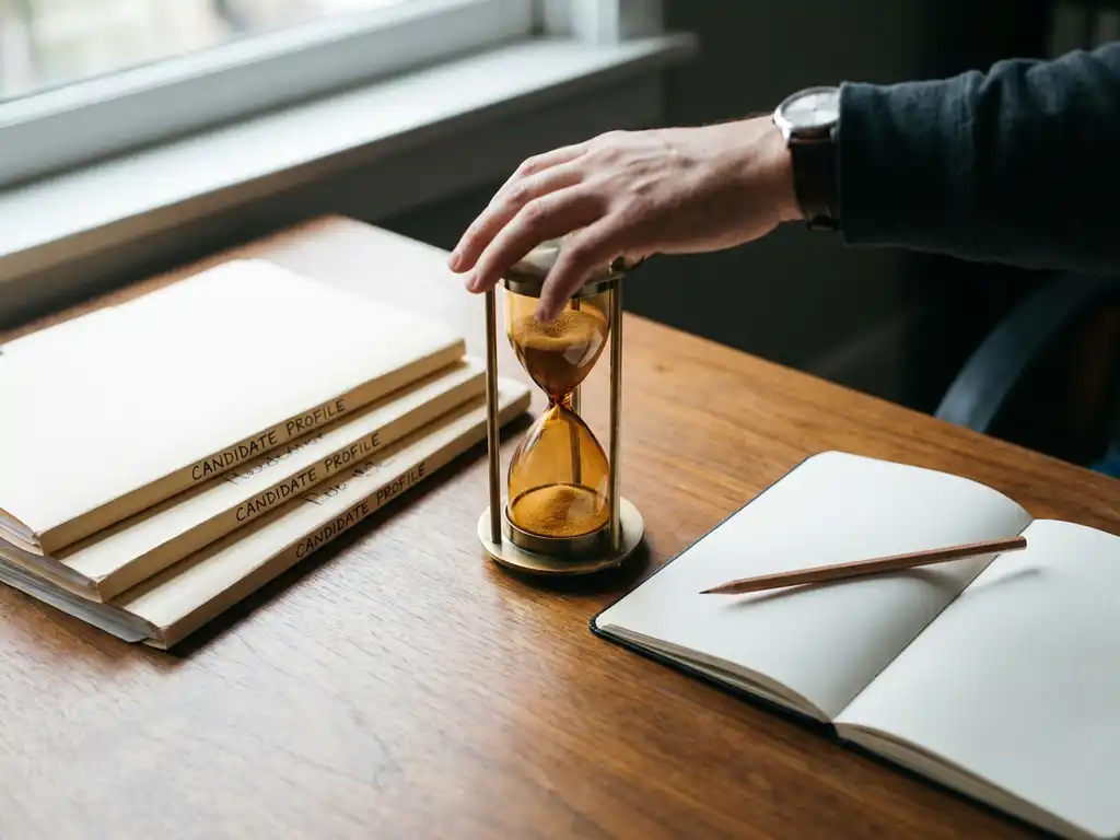 Recruiter dreht eine Vintage-Sanduhr auf Holzschreibtisch, daneben Bewerbermappen und Notizbuch mit Bleistift, warmes Licht.