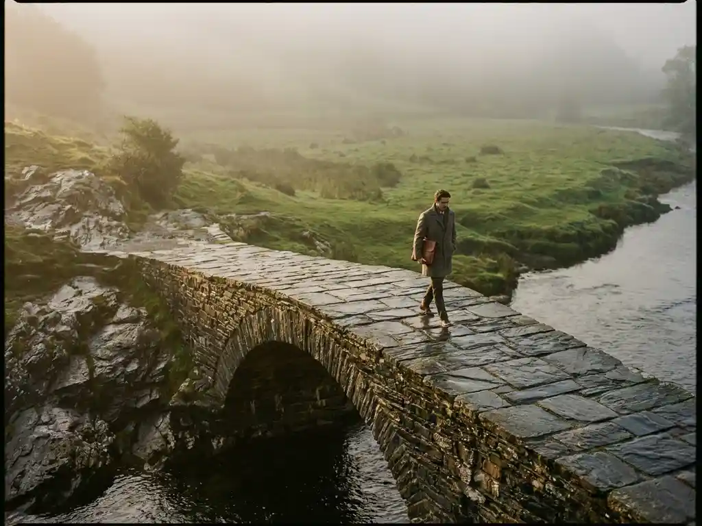 Selbstbewusste Person überquert Steinbrücke über ruhigen Fluss im Morgennebel, Ledermappe in der Hand, zwischen kargen Felsen und grünen Wiesen.