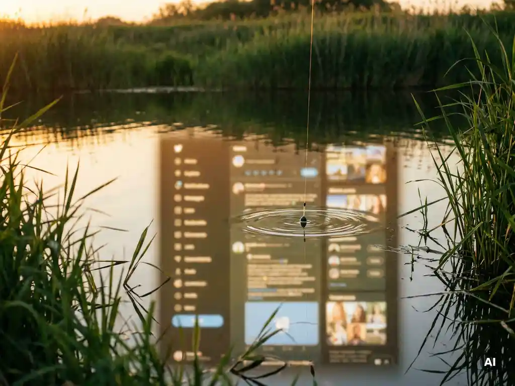 Angelschnur trifft bei goldenem Abendlicht auf einen leuchtenden Social-Media-Feed, der sich im ruhigen Fluss spiegelt.