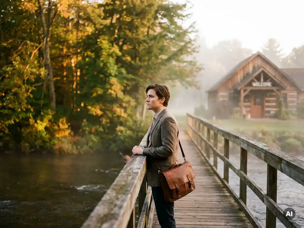 Bewerber steht nachdenklich vor einer Holzbrücke über einen ruhigen Fluss, Firmengebäude im morgendlichen Nebel sichtbar.