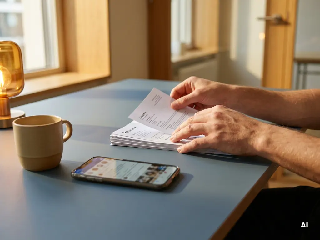 Personalmanager sortiert gedruckte Bewerbungsunterlagen auf modernem Schreibtisch, Smartphone mit Social-Media-Feed daneben, warmes Nachmittagslicht.