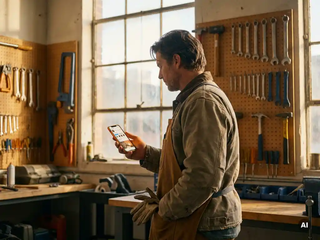 Handwerker in Arbeitskleidung prüft Smartphone mit Social-Media-Feed in sonnendurchflutetem Workshop mit Werkzeug an Lochplatten.
