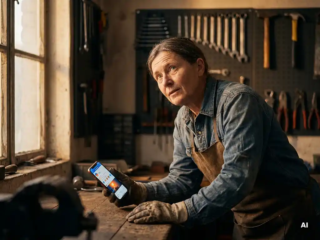 Handwerker in Werkstatt blickt auf Smartphone mit Social-Media-Feed, Werkzeuge im Hintergrund, warmes goldenes Licht.