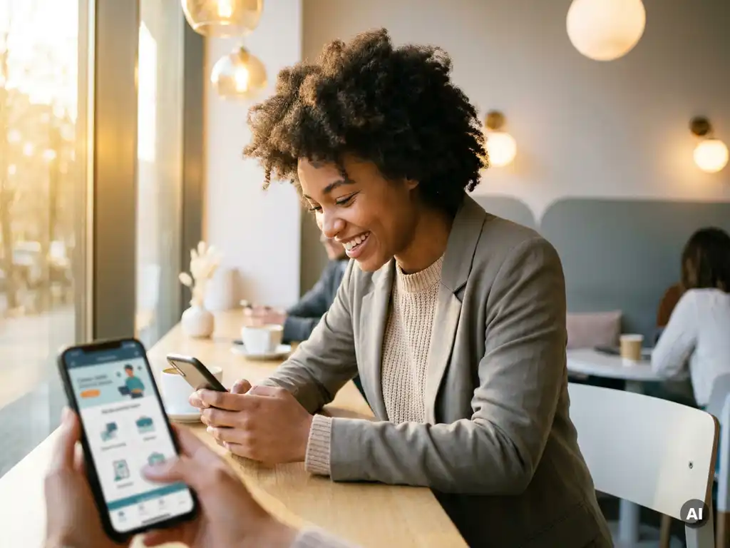 Junger Berufstätiger scrollt entspannt im Café auf dem Smartphone, warmes Mittagslicht, moderne Atmosphäre.
