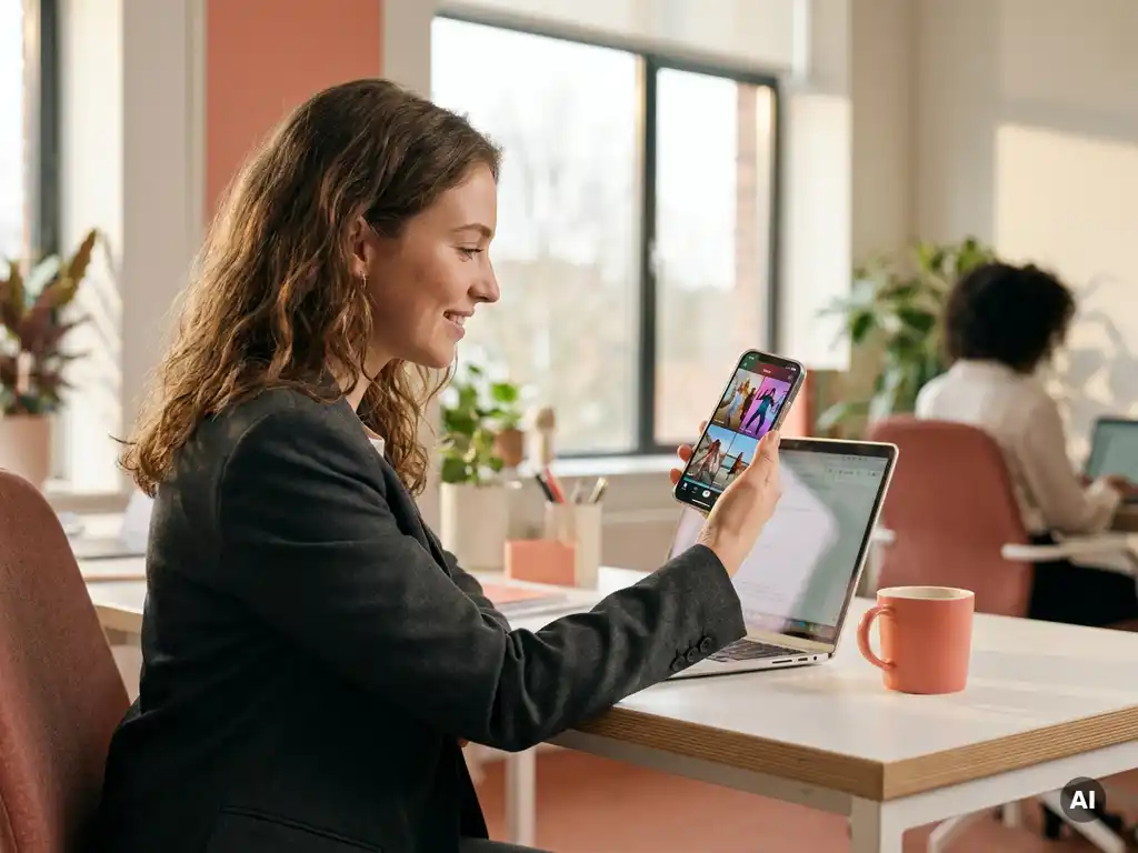 Junger Personalvermittler scrollt auf dem Smartphone durch Kurzvideos, am modernen Büroschreibtisch mit Laptop und Kaffeetasse, warmes Fensterlicht.