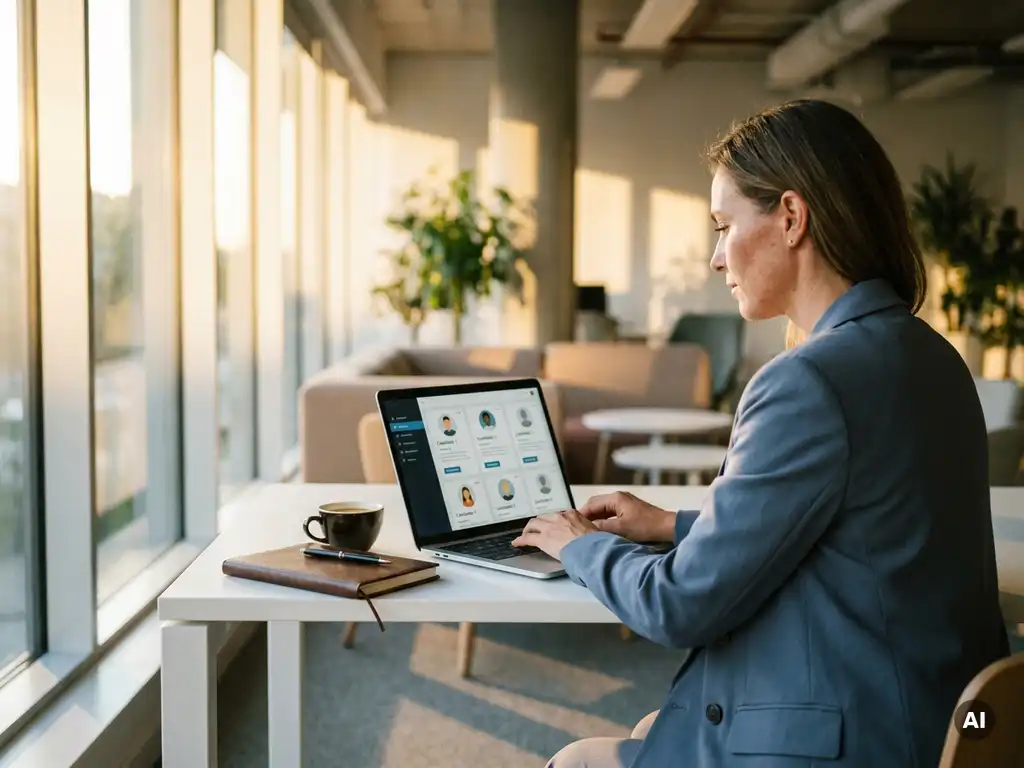 Recruiterin analysiert Kandidatenprofile auf LinkedIn am Laptop in modernem Büro mit warmem Sonnenlicht.