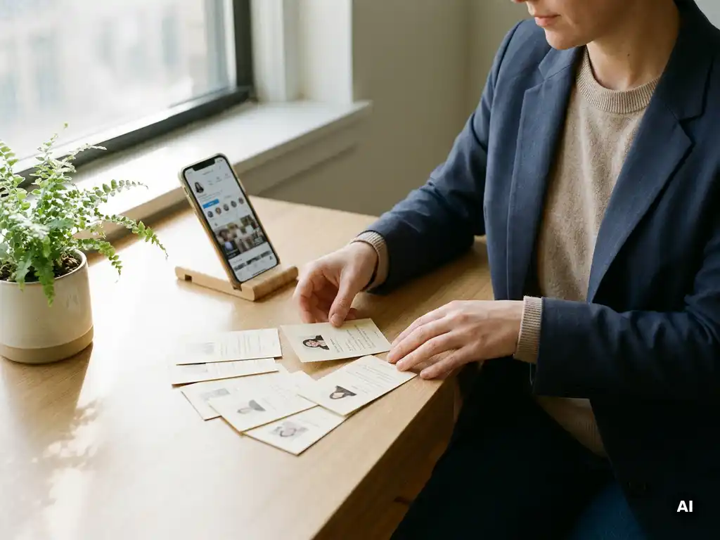 Recruiter prüft Bewerberkarten am modernen Schreibtisch, Smartphone mit Social-Media-Feed daneben, warmes Seitenlicht.