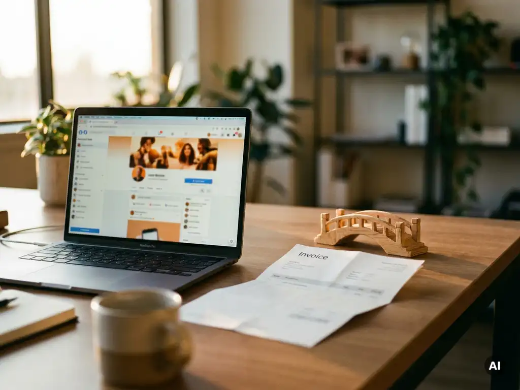 Laptop mit Social-Media-Feed, Rechnung und kleiner Holzbrücke auf modernem Schreibtisch im warmen Gegenlicht.
