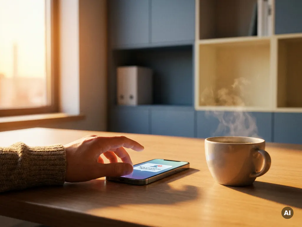 Recruiter greift nach Smartphone mit Social-Media-Benachrichtigung auf modernem Schreibtisch, Morgenlicht, Kaffeetasse daneben.