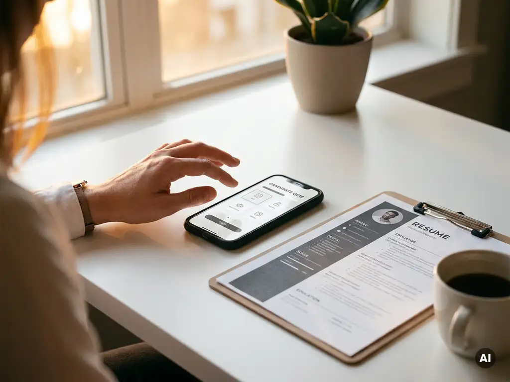 Recruiter-Hand über Smartphone mit Quiz-Interface, Kandidatenprofil und Kaffeetasse auf weißem Schreibtisch im goldenen Abendlicht.