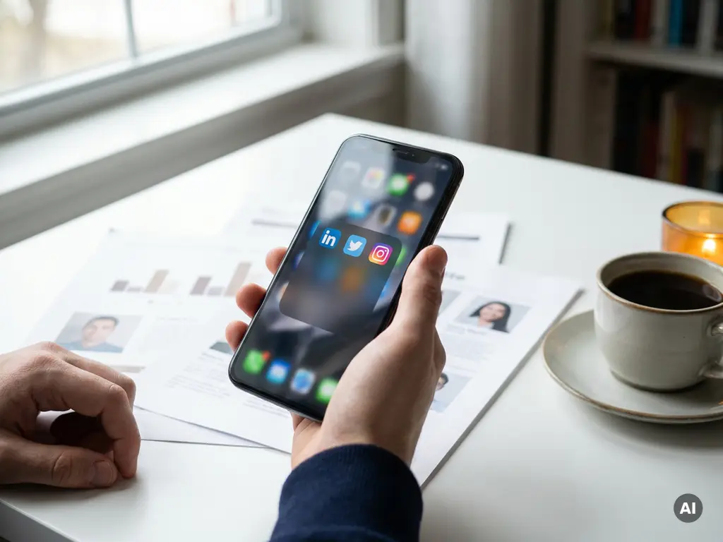 Recruiter hält Smartphone mit Social-Media-Apps über ausgedruckten Bewerberprofilen auf weißem Schreibtisch, Kaffeetasse daneben.