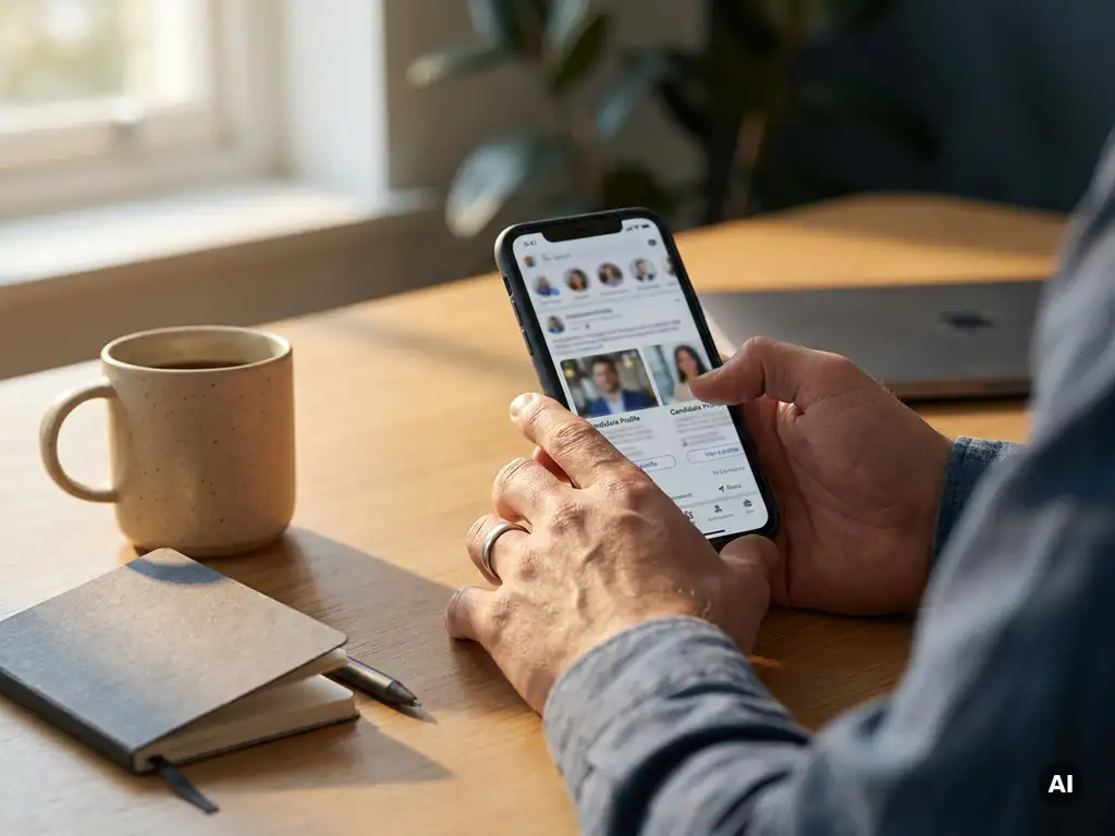 Recruiter scrollt auf Smartphone durch Kandidatenprofile, Kaffeebecher und Notizblock auf modernem Bürotisch im Nachmittagslicht.