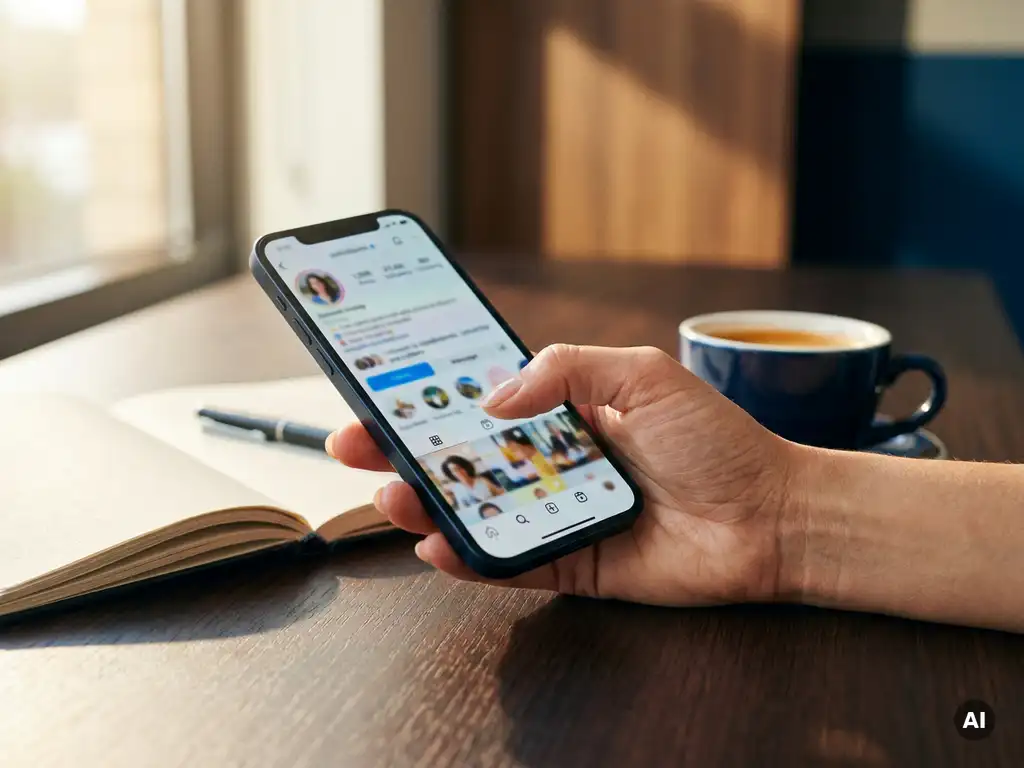 Recruiter scrollt auf Smartphone durch Social-Media-Feed, Notizbuch und Kaffeetasse auf modernem Schreibtisch im Hintergrund.