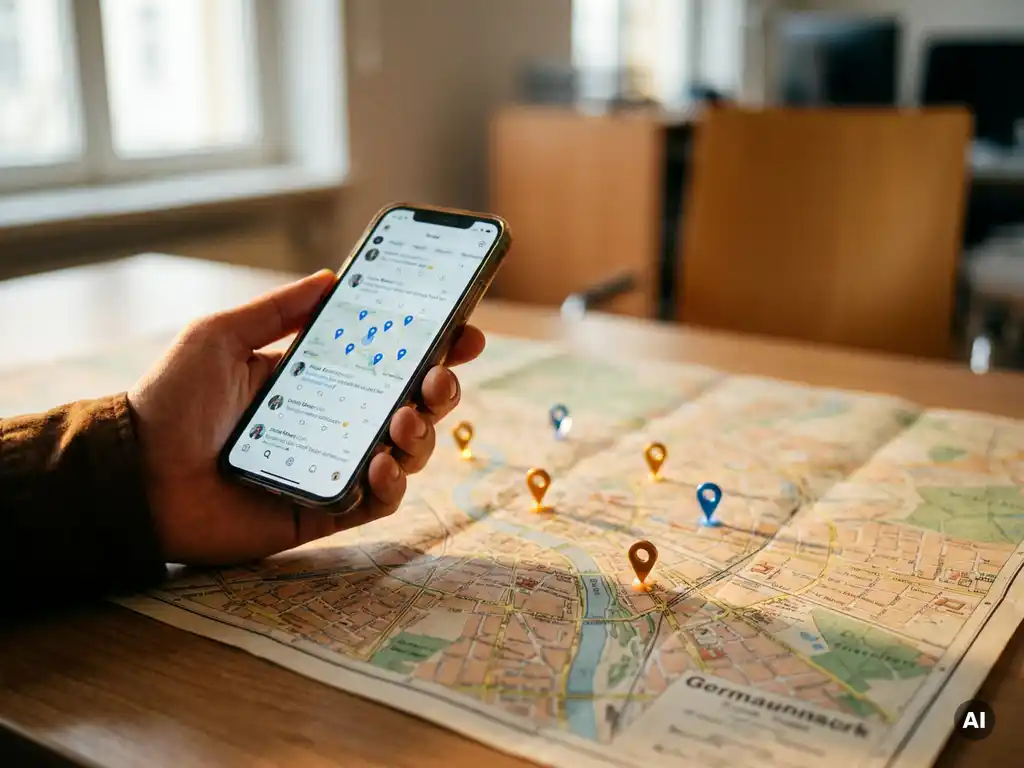 Recruiter hält Smartphone mit Social-Media-Feed über eine Deutschlandkarte mit Standort-Pins auf einem Büroschreibtisch.