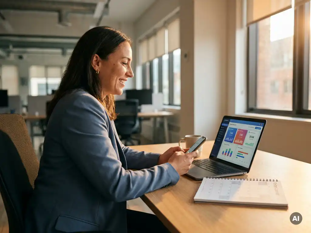 Recruiter am modernen Schreibtisch mit Laptop, Social-Media-Dashboards, Contentkalender und Smartphone im warmen Bürolicht.