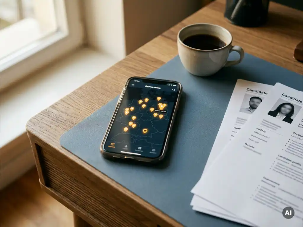 Smartphone mit leuchtendem Regionalkarte Deutschlands auf Recruiter-Schreibtisch neben Kaffeetasse und Bewerberprofilen.