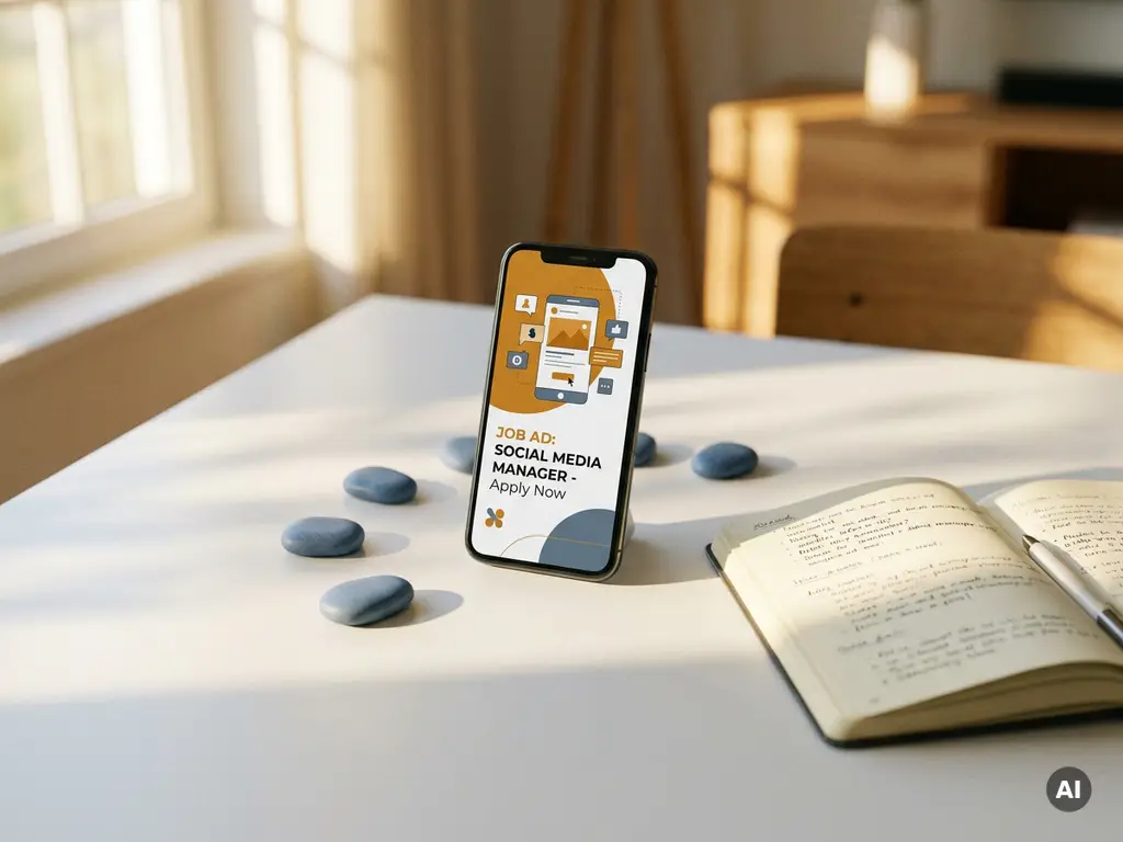 Smartphone mit Social-Media-Stellenanzeige auf weißem Schreibtisch, umgeben von fünf Trittsteinchen, Notizbuch und warmem Fensterlicht.