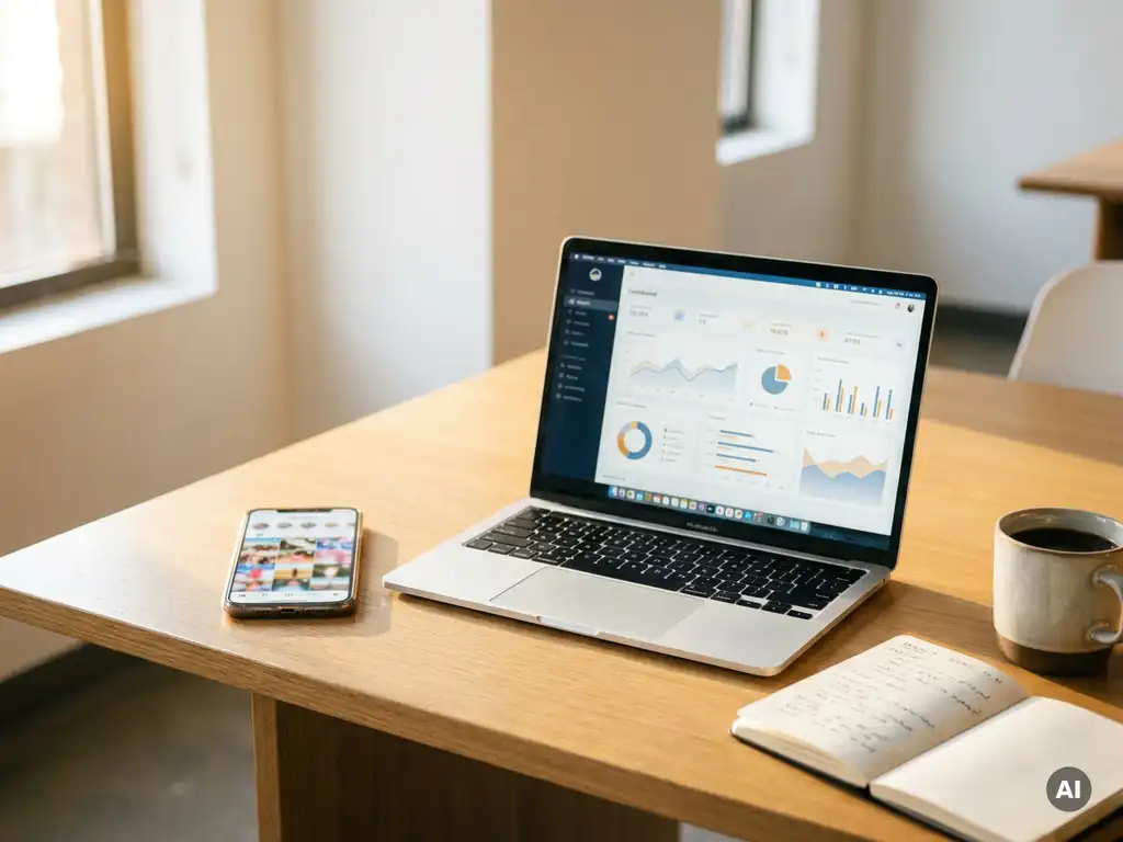 Smartphone mit Social-Media-Feed neben Laptop mit Werbe-Dashboard auf modernem Schreibtisch, warmes Seitenlicht, Notizbuch und Kaffeetasse.