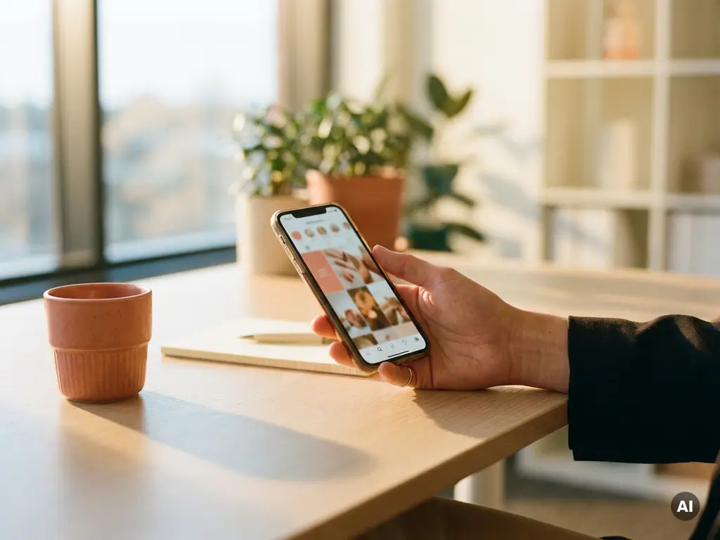 Hand einer jungen Fachkraft hält Smartphone mit Instagram-Feed am modernen Recruiting-Schreibtisch mit Notizbuch und Kaffee.