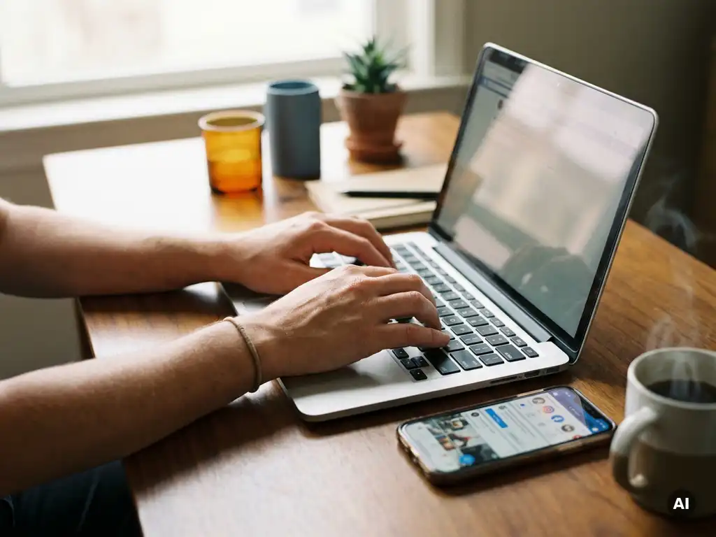 Recruiter tippt Stellenanzeige auf Laptop, Smartphone mit Social-Media-Feed daneben, Kaffeetasse im warmen Morgenlicht.