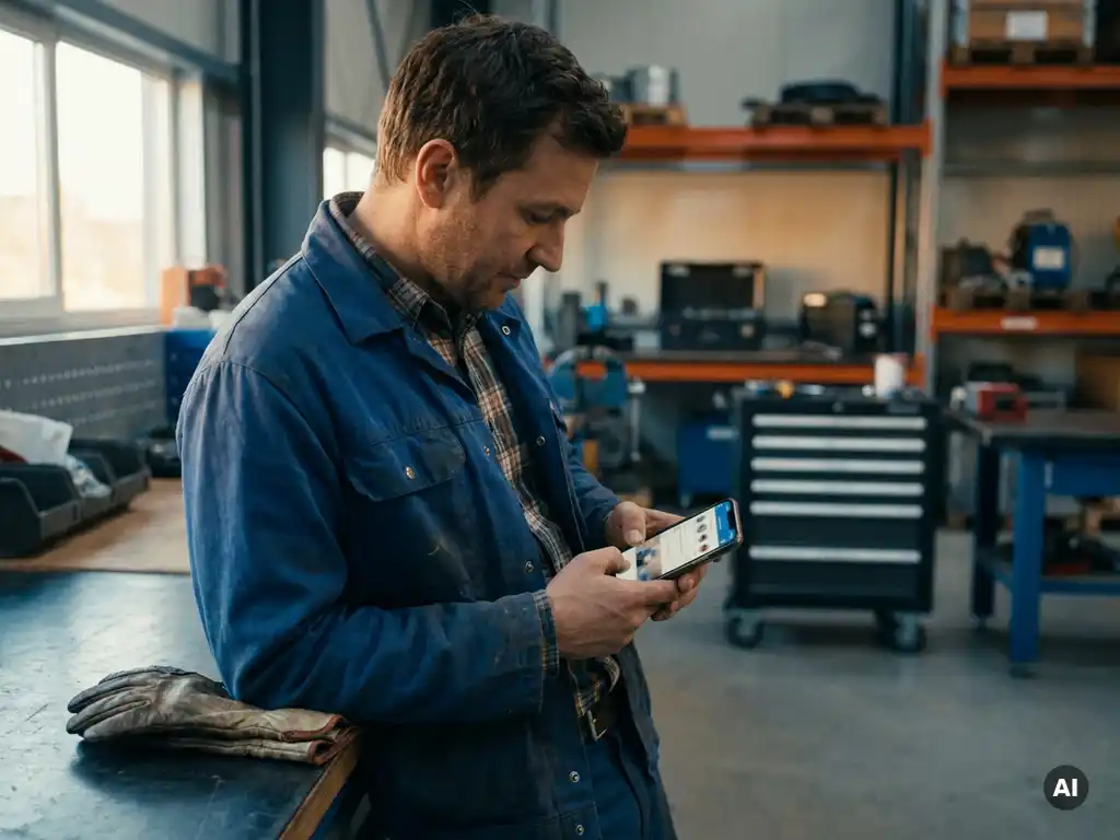Techniker in Arbeitskleidung schaut auf Smartphone mit Social-Media-Feed in moderner Industriewerkstatt mit Werkzeugen im Hintergrund.