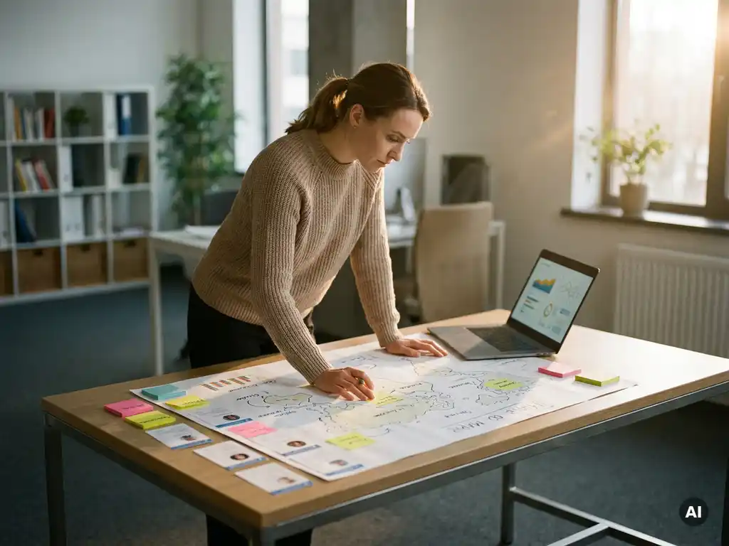 Recruiter analysiert Zielgruppen-Persona-Map auf modernem Schreibtisch mit Haftnotizen und Social-Media-Profilkarten.